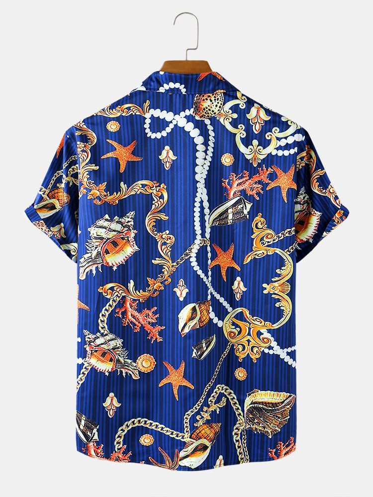 Camisas De Manga Corta Con Cuello De Solapa Ligero Informal Con Estampado De Estrellas De Mar Para Hombre