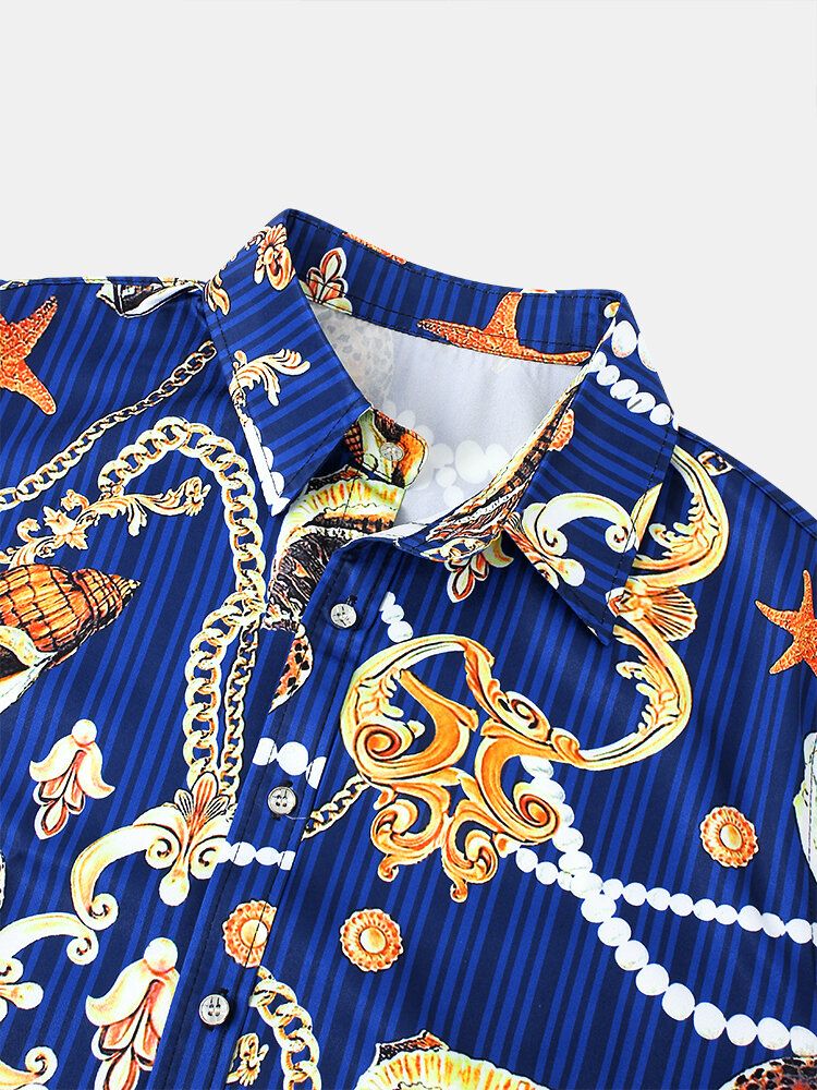 Camisas De Manga Corta Con Cuello De Solapa Ligero Informal Con Estampado De Estrellas De Mar Para Hombre