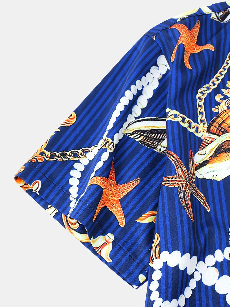 Camisas De Manga Corta Con Cuello De Solapa Ligero Informal Con Estampado De Estrellas De Mar Para Hombre