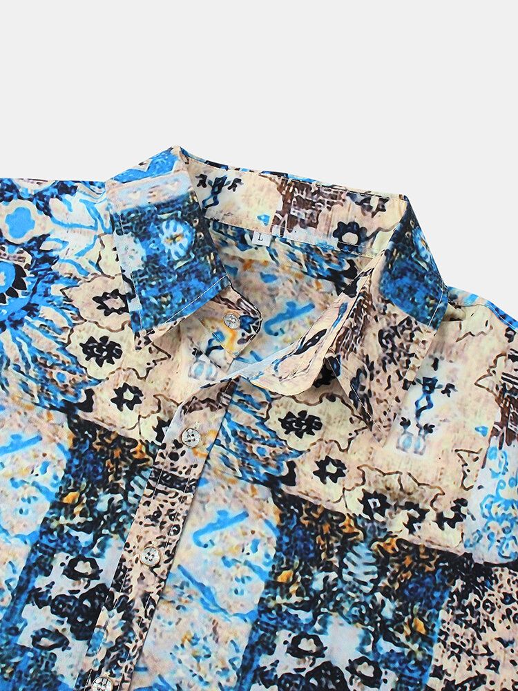 Camisas De Manga Corta Con Cuello De Solapa Ligero Suelto Informal Con Estampado Étnico Para Hombre