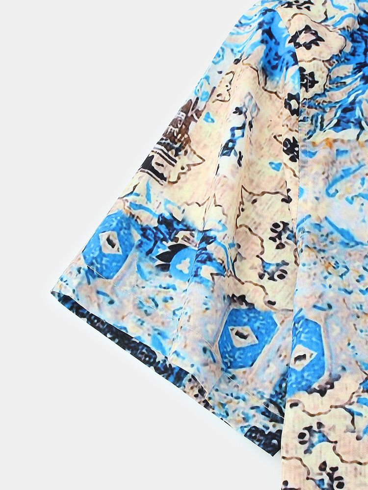 Camisas De Manga Corta Con Cuello De Solapa Ligero Suelto Informal Con Estampado Étnico Para Hombre