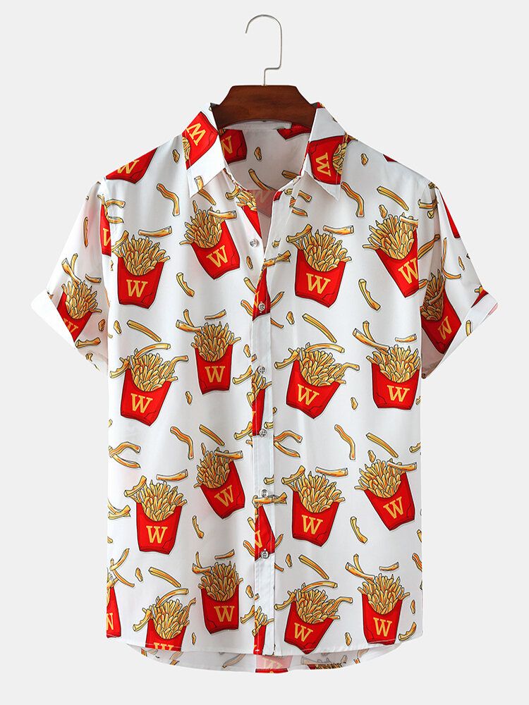 Camisas De Manga Corta Con Cuello De Solapa Ligero Y Estampado De Papas Fritas Para Hombre