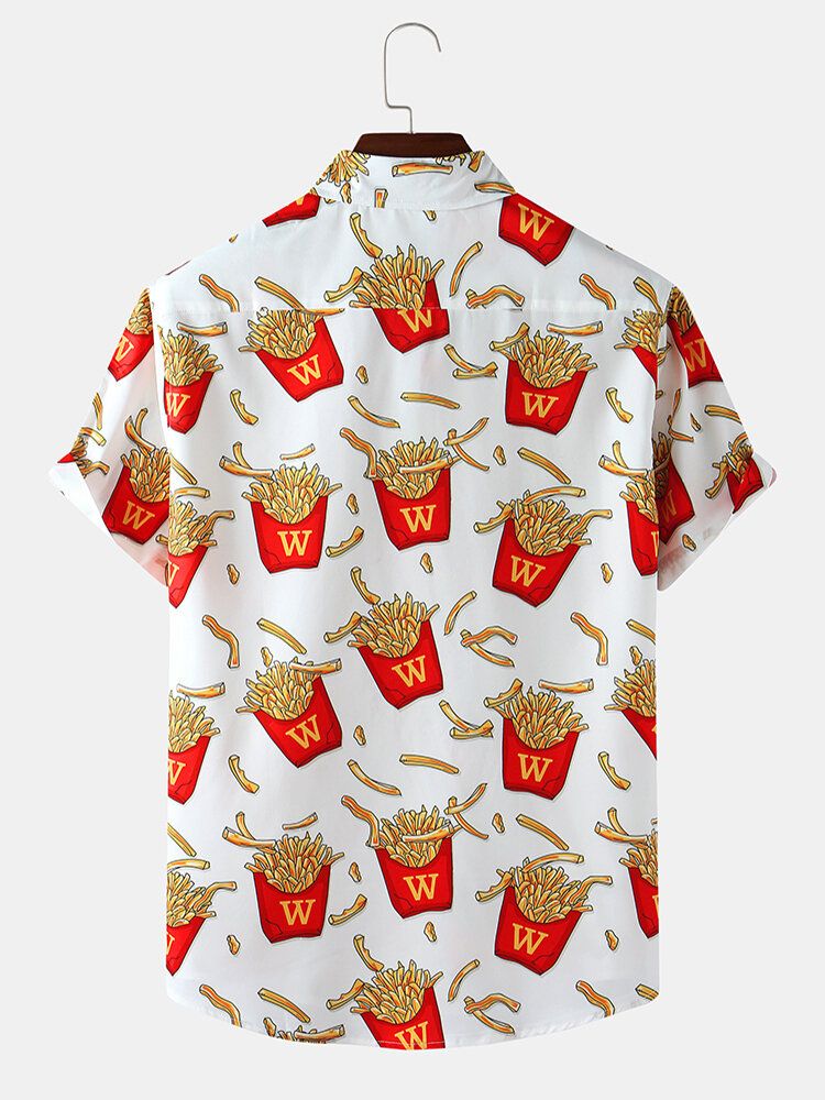 Camisas De Manga Corta Con Cuello De Solapa Ligero Y Estampado De Papas Fritas Para Hombre