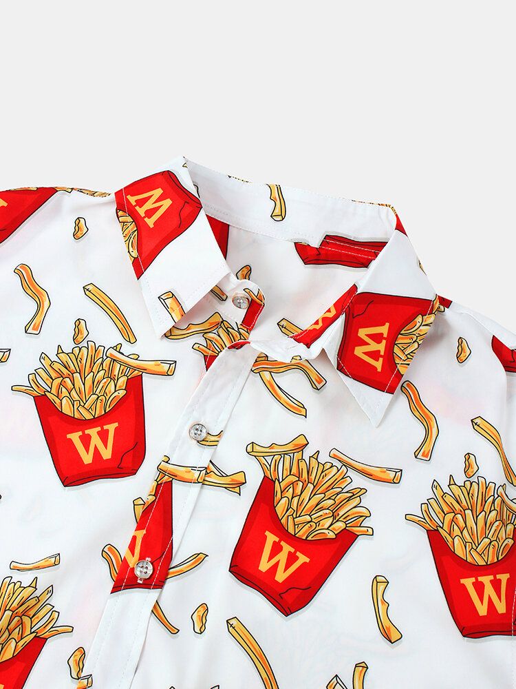 Camisas De Manga Corta Con Cuello De Solapa Ligero Y Estampado De Papas Fritas Para Hombre