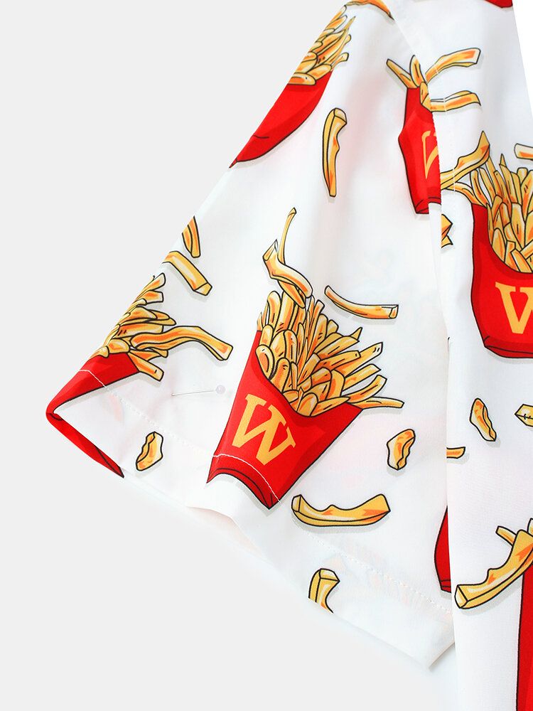 Camisas De Manga Corta Con Cuello De Solapa Ligero Y Estampado De Papas Fritas Para Hombre