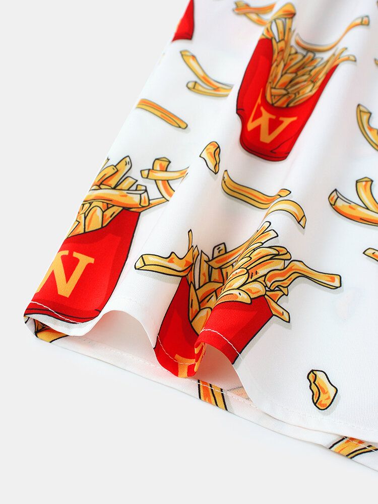 Camisas De Manga Corta Con Cuello De Solapa Ligero Y Estampado De Papas Fritas Para Hombre