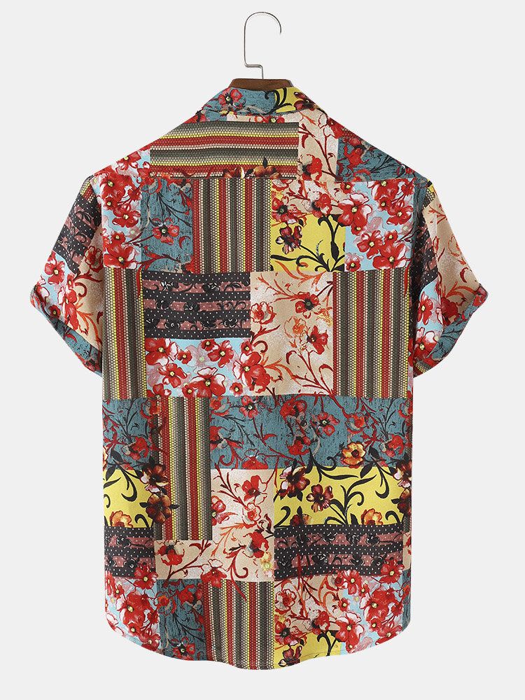 Camisas De Manga Corta Con Estampado Floral De Estilo Étnico Para Hombre Con Bolsillo