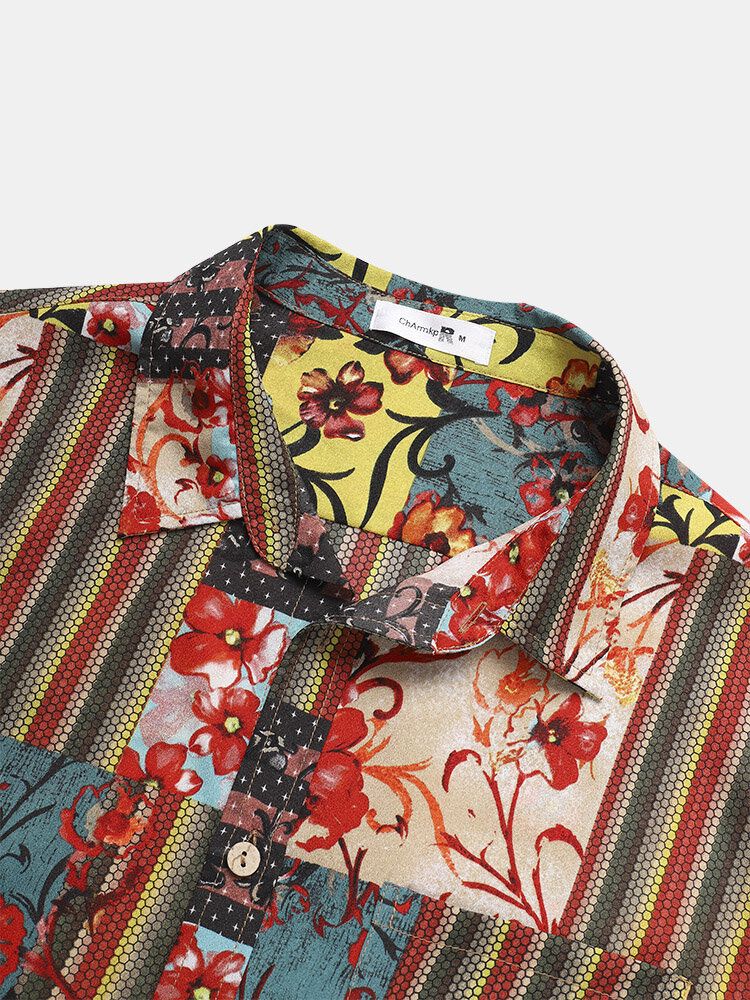 Camisas De Manga Corta Con Estampado Floral De Estilo Étnico Para Hombre Con Bolsillo