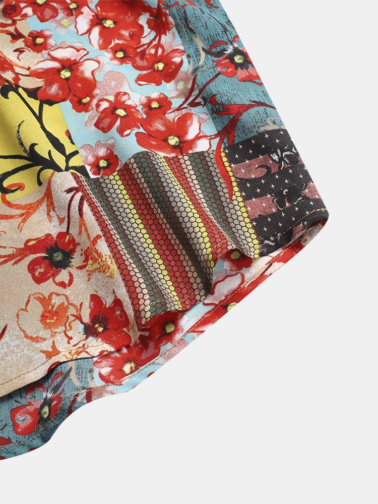 Camisas De Manga Corta Con Estampado Floral De Estilo Étnico Para Hombre Con Bolsillo