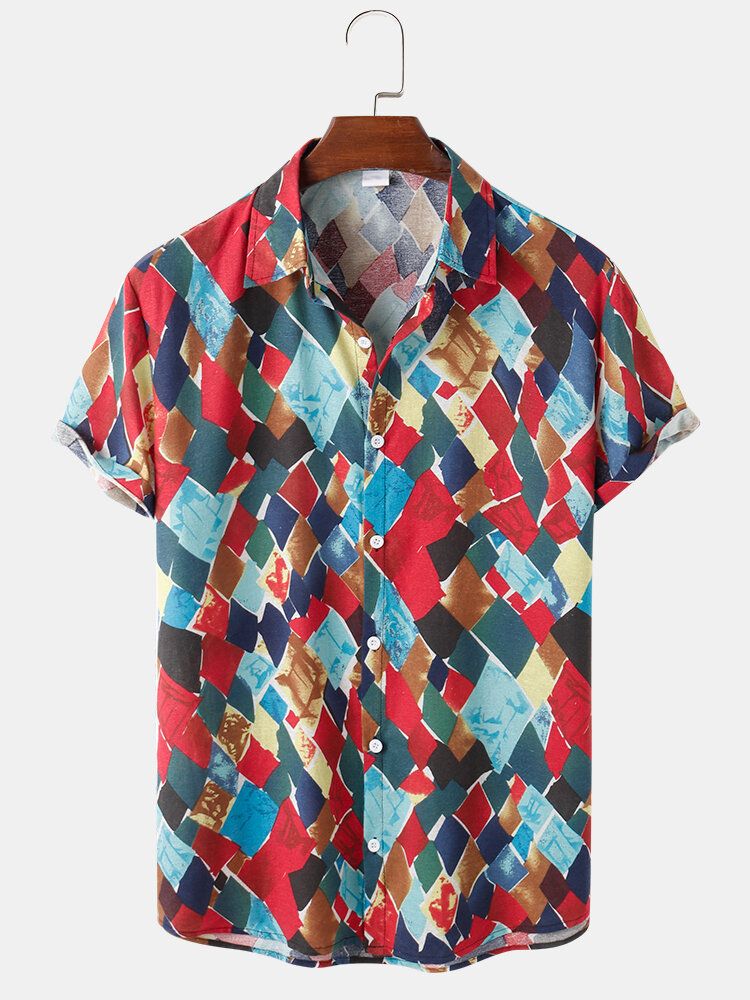 Camisas De Manga Corta Con Estampado De Geometría De Contraste De Bloques De Color De Algodón Para Hombre