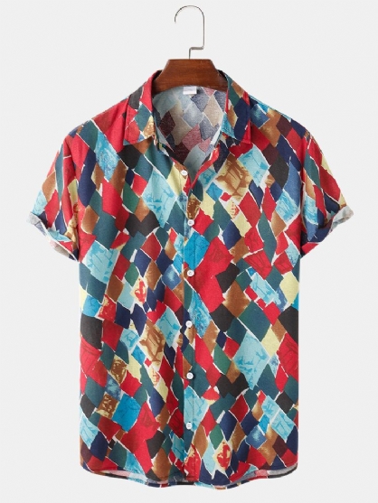 Camisas De Manga Corta Con Estampado De Geometría De Contraste De Bloques De Color De Algodón Para Hombre