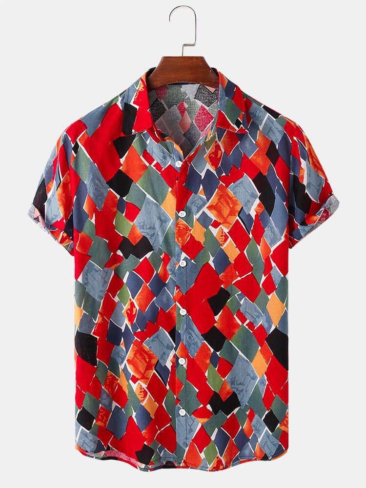 Camisas De Manga Corta Con Estampado De Geometría De Contraste De Bloques De Color De Algodón Para Hombre