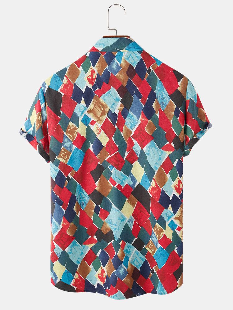 Camisas De Manga Corta Con Estampado De Geometría De Contraste De Bloques De Color De Algodón Para Hombre