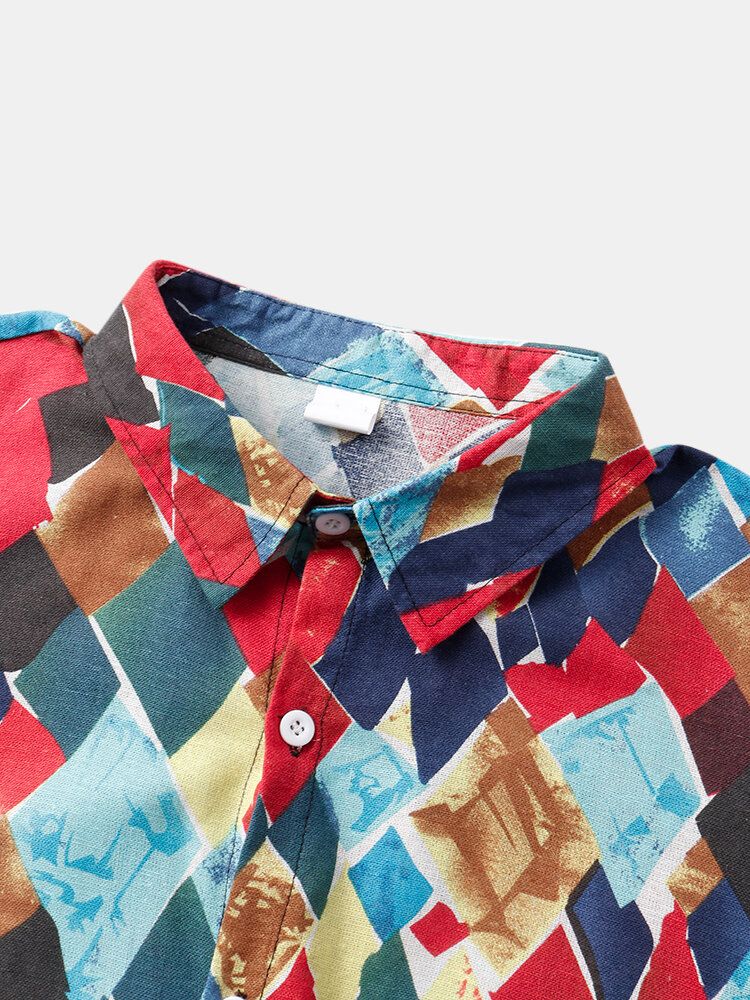 Camisas De Manga Corta Con Estampado De Geometría De Contraste De Bloques De Color De Algodón Para Hombre