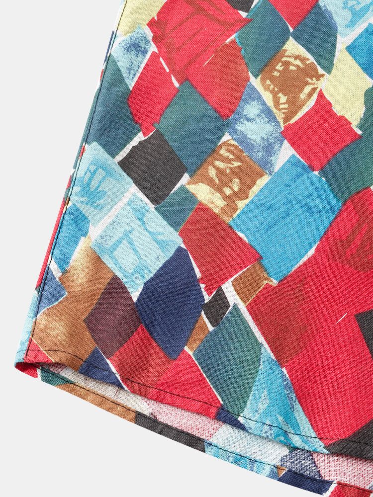 Camisas De Manga Corta Con Estampado De Geometría De Contraste De Bloques De Color De Algodón Para Hombre