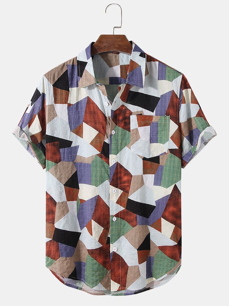 Camisas De Manga Corta Con Estampado De Geometría De Contraste De Bloques De Color De Algodón Para Hombre