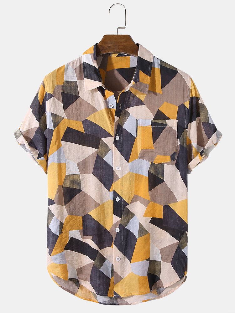 Camisas De Manga Corta Con Estampado De Geometría De Contraste De Bloques De Color De Algodón Para Hombre