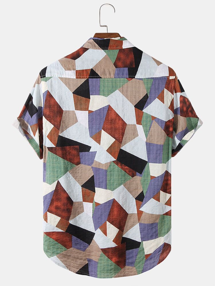 Camisas De Manga Corta Con Estampado De Geometría De Contraste De Bloques De Color De Algodón Para Hombre