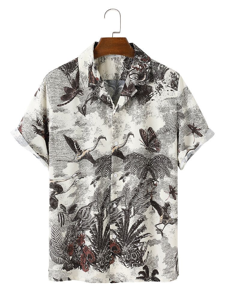 Camisas De Manga Corta Con Estampado De Grúa De Selva Causal Para Hombre