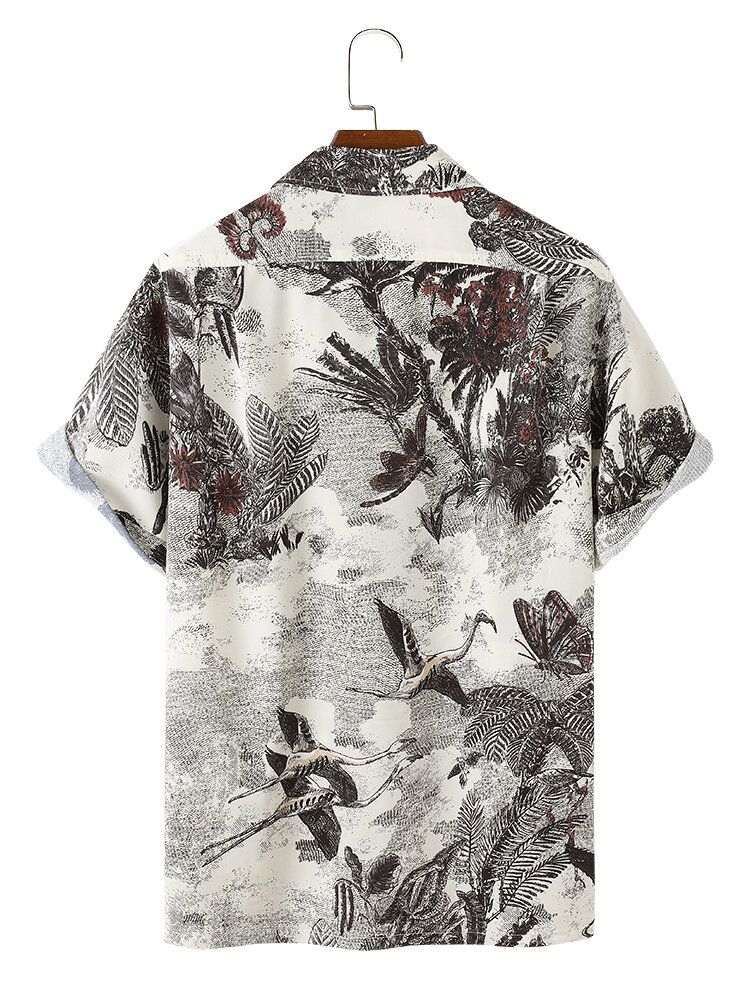 Camisas De Manga Corta Con Estampado De Grúa De Selva Causal Para Hombre