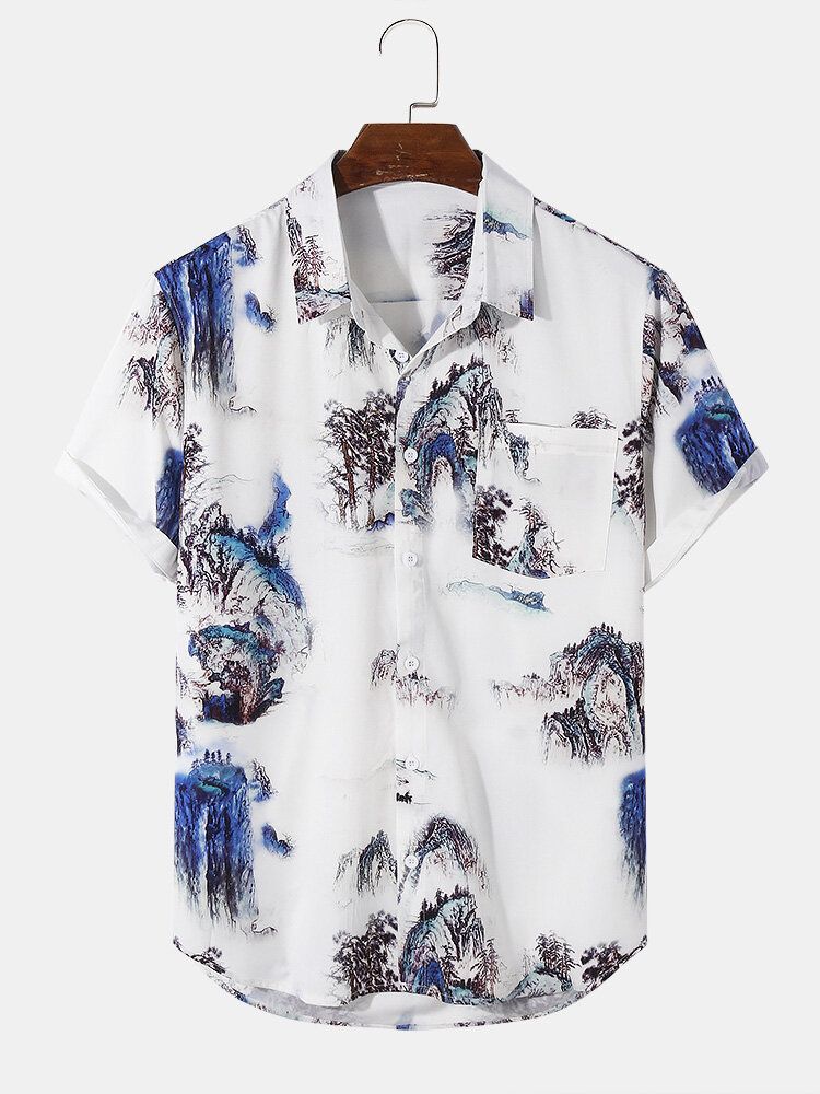 Camisas De Manga Corta Con Estampado De Paisaje Informal Para Hombre