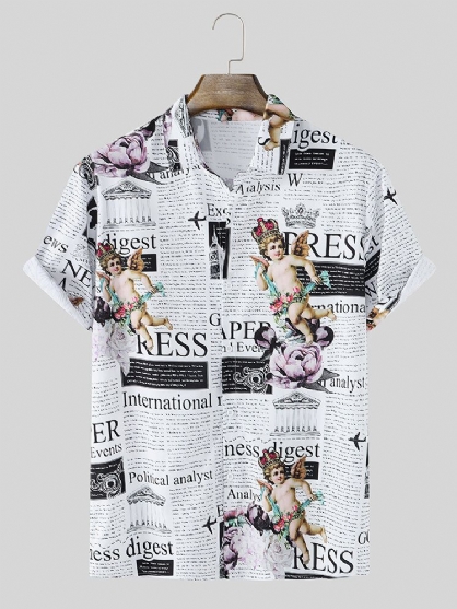 Camisas De Manga Corta Con Solapa Con Estampado De Letras Y Figuras Vintage Para Hombre