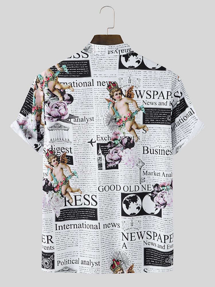 Camisas De Manga Corta Con Solapa Con Estampado De Letras Y Figuras Vintage Para Hombre