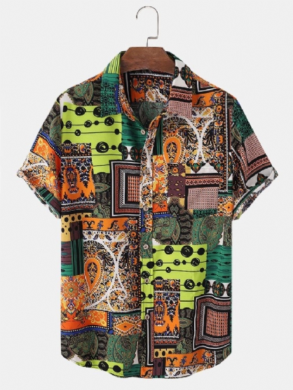 Camisas De Manga Corta Con Solapa De Estilo Étnico Con Estampado Tribal Para Hombre