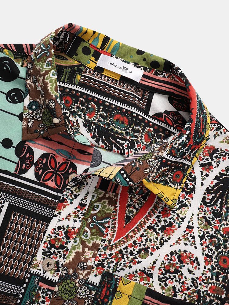 Camisas De Manga Corta Con Solapa De Estilo Étnico Con Estampado Tribal Para Hombre