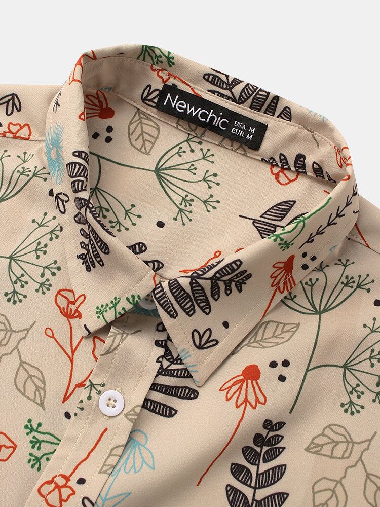 Camisas De Manga Corta Con Solapa De Planta Con Estampado De Hojas Para Hombre