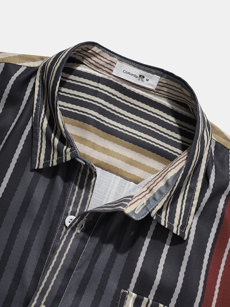 Camisas De Manga Corta Con Solapa De Rayas Verticales Coloridas Para Hombre Con Bolsillo