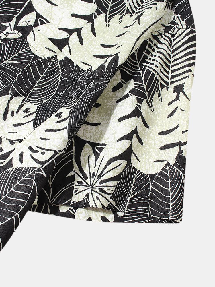 Camisas De Manga Corta Con Solapa Y Botones Con Estampado De Hojas De Diseño Para Hombre