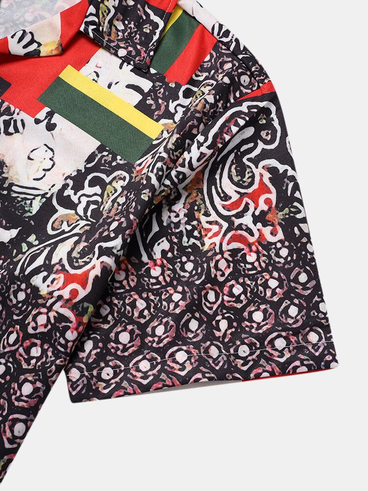 Camisas De Manga Corta Con Solapa Y Estampado De Mezcla De Colores Para Hombre