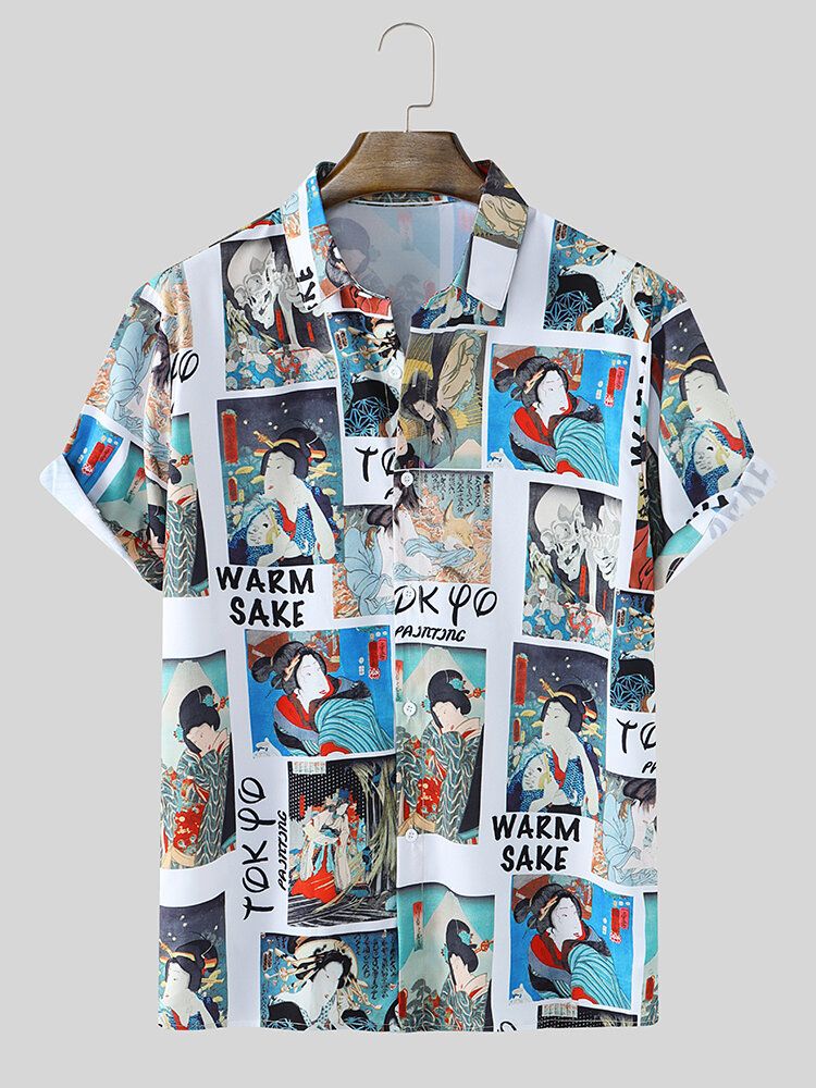 Camisas De Manga Corta De Estilo Japonés Con Estampado De Ukiyoe Y Botones Para Hombre