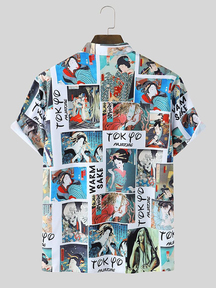 Camisas De Manga Corta De Estilo Japonés Con Estampado De Ukiyoe Y Botones Para Hombre