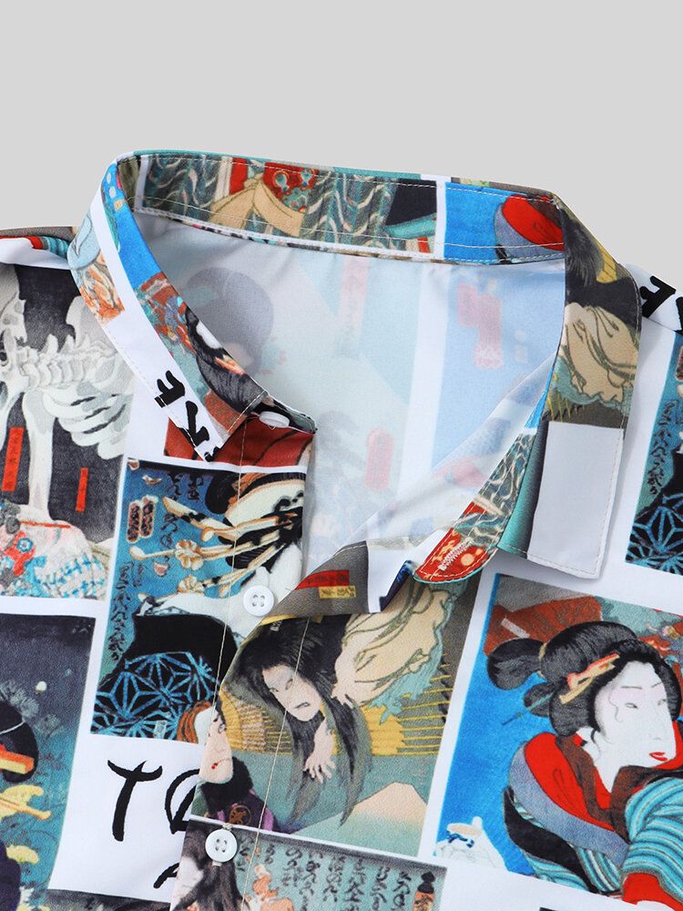 Camisas De Manga Corta De Estilo Japonés Con Estampado De Ukiyoe Y Botones Para Hombre