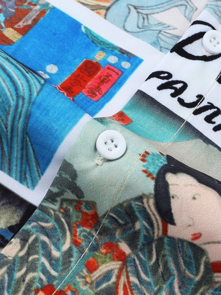 Camisas De Manga Corta De Estilo Japonés Con Estampado De Ukiyoe Y Botones Para Hombre