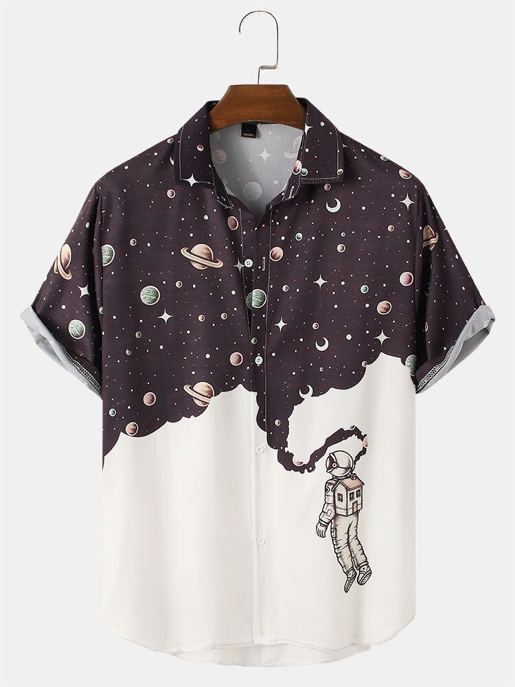 Camisas De Manga Corta De Muy Buen Gusto Con Estampado De Astronauta Con Patrón De Galaxia Para Hombre