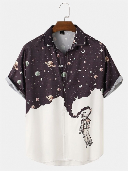 Camisas De Manga Corta De Muy Buen Gusto Con Estampado De Astronauta Con Patrón De Galaxia Para Hombre