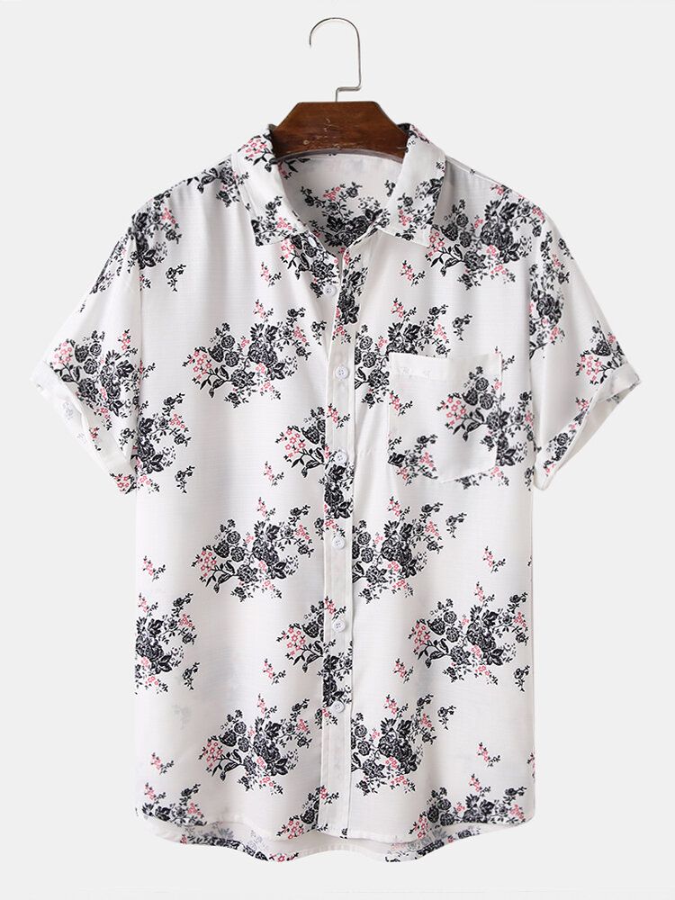 Camisas De Manga Corta Navideñas Con Botones Y Estampado Floral Para Hombre Con Bolsillo