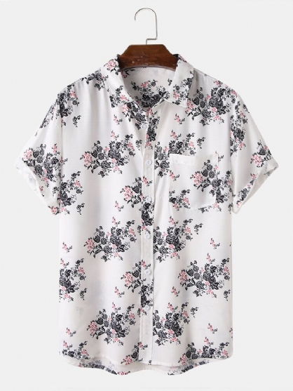 Camisas De Manga Corta Navideñas Con Botones Y Estampado Floral Para Hombre Con Bolsillo