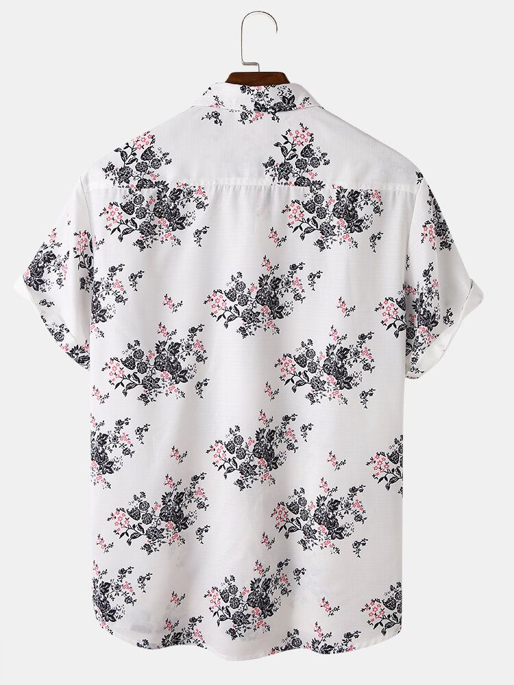 Camisas De Manga Corta Navideñas Con Botones Y Estampado Floral Para Hombre Con Bolsillo