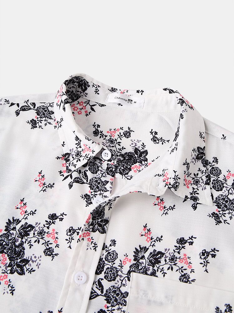 Camisas De Manga Corta Navideñas Con Botones Y Estampado Floral Para Hombre Con Bolsillo