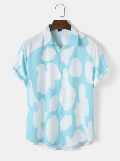Camisas De Manga Corta Navideñas Con Solapa Estampada En Toda La Nube Para Hombre