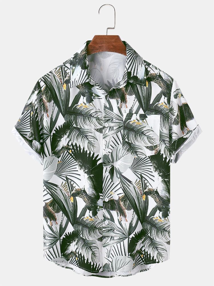 Camisas De Manga Corta Navideñas Con Solapa Y Estampado De Hojas De Plantas Tropicales Para Hombre