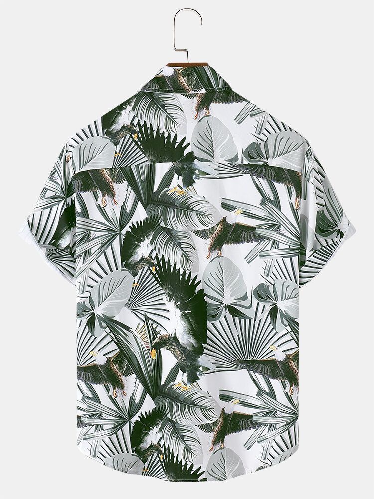 Camisas De Manga Corta Navideñas Con Solapa Y Estampado De Hojas De Plantas Tropicales Para Hombre