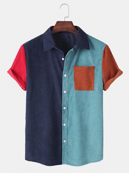 Camisas De Manga Corta De Pana Con Solapa Y Patchwork De Bloques De Color Para Hombre