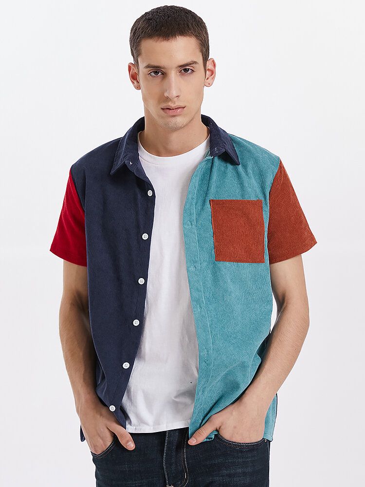 Camisas De Manga Corta De Pana Con Solapa Y Patchwork De Bloques De Color Para Hombre