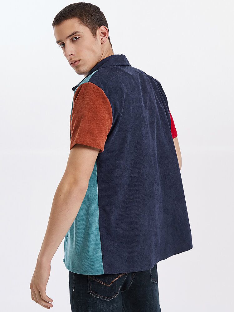 Camisas De Manga Corta De Pana Con Solapa Y Patchwork De Bloques De Color Para Hombre