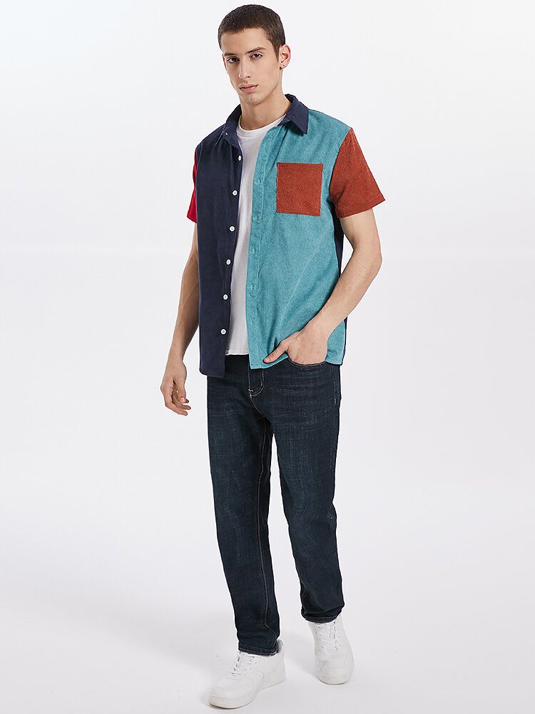 Camisas De Manga Corta De Pana Con Solapa Y Patchwork De Bloques De Color Para Hombre